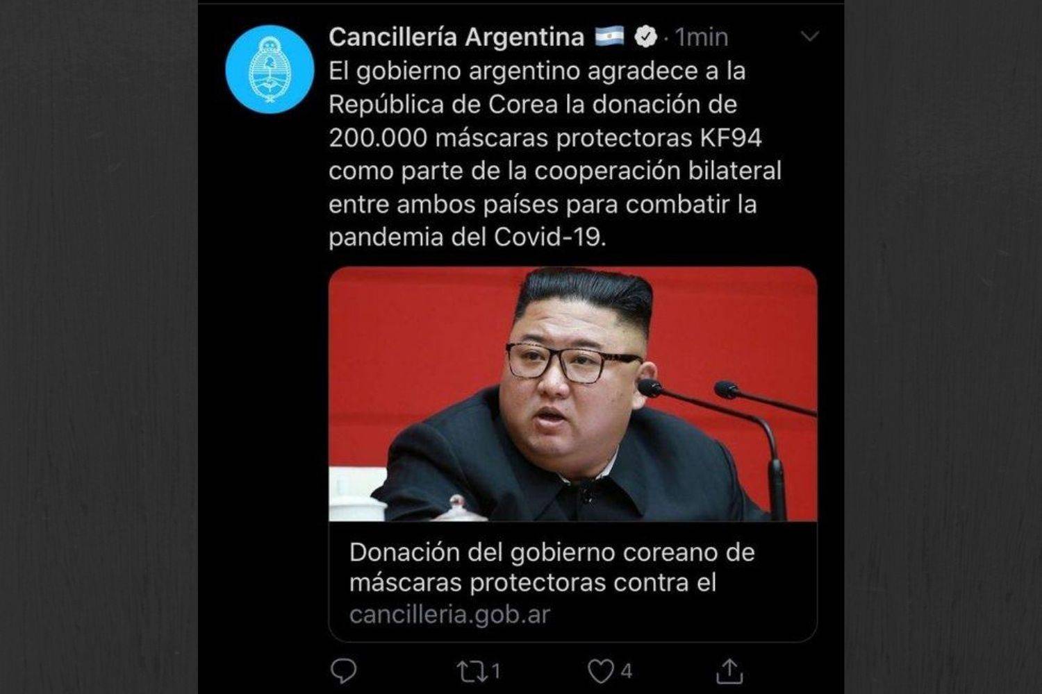 Governo argentino agradece doação da Coreia do Sul com foto de Kim Jong-un