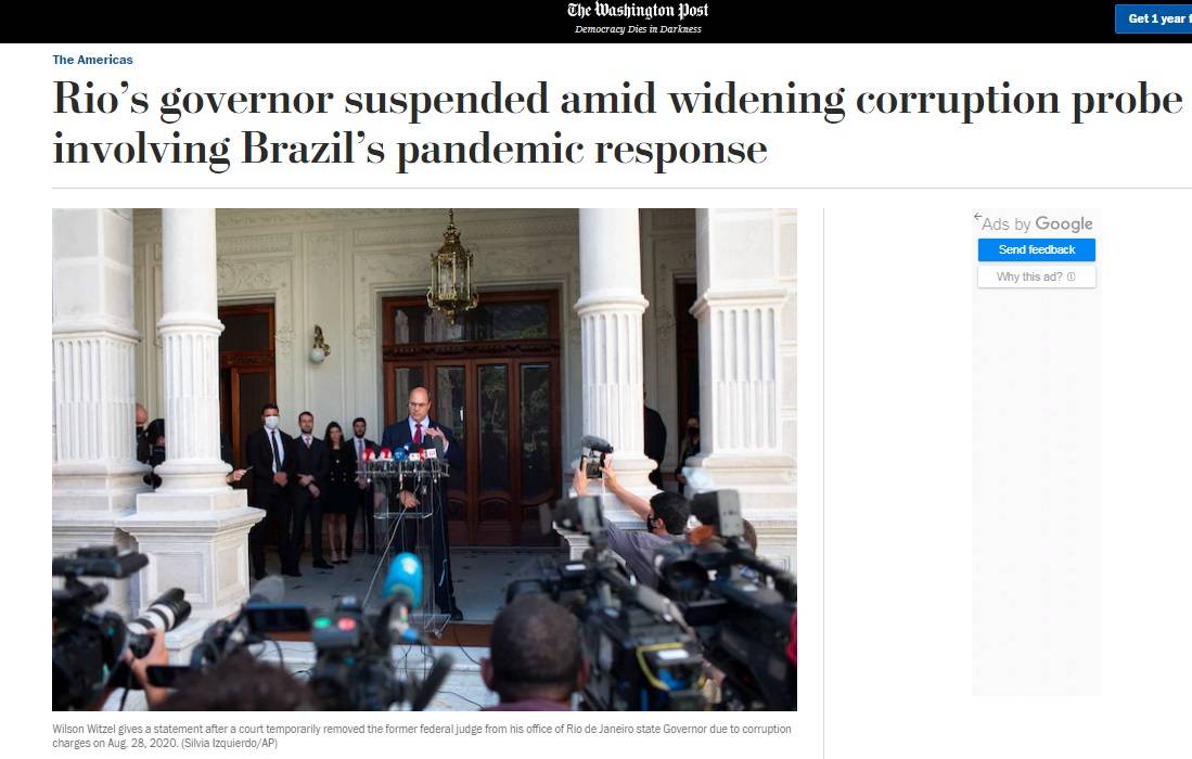 Imprensa internacional repercute afastamento de Witzel do governo do Rio